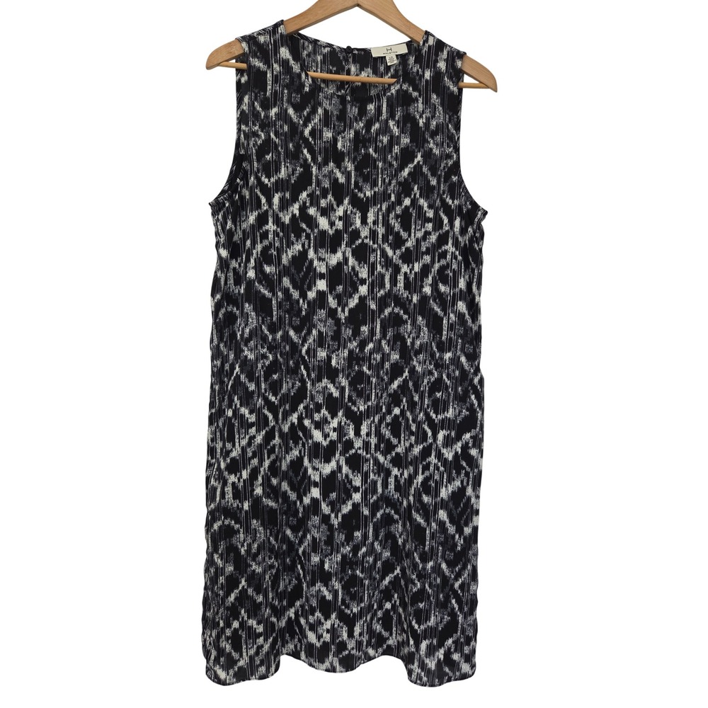 H Halston Shift Dress Sleeveless Geometric Ikat Print Womens L Black White